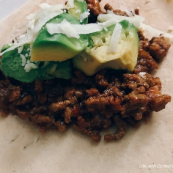 Pancake with mince, avocado and cheese