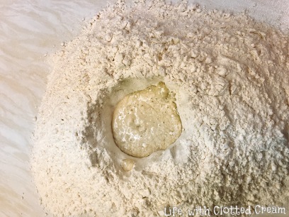 Bread flour with liquid in the middle for homemade pizza dough
